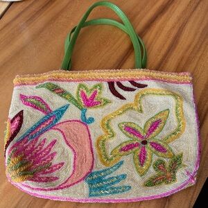 Vintage Christiana Beaded Colorful Embroidered Tote Bag with Green Handles